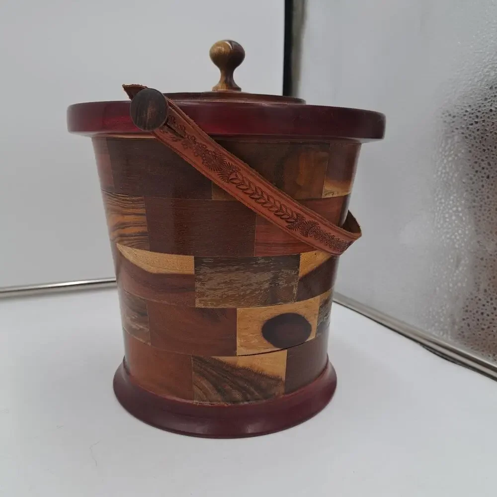 Unique Handmade round stacked wood lined ice bucket Wine Champagne chiller MCM